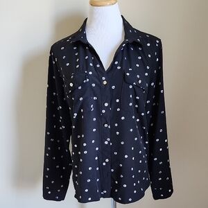 Adrienne Vittadini Black Long-Sleeve Blouse with White Polka Dots